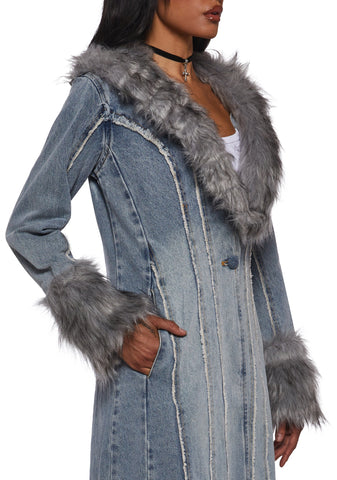 Off Beat Charm Denim Maxi Coat - Light Blue