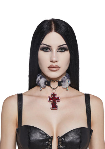 Vampy Wink Fur Cross Necklace - Gray