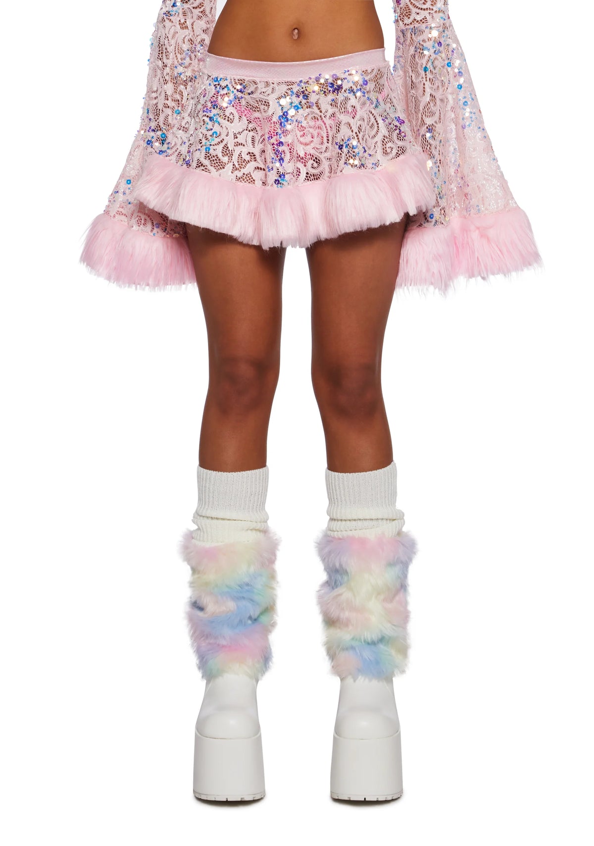 Sequin Faux Fur Trimmed Skirt - Pink