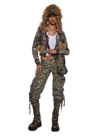 Camo Velour Hoodie With Faux Fur Trim