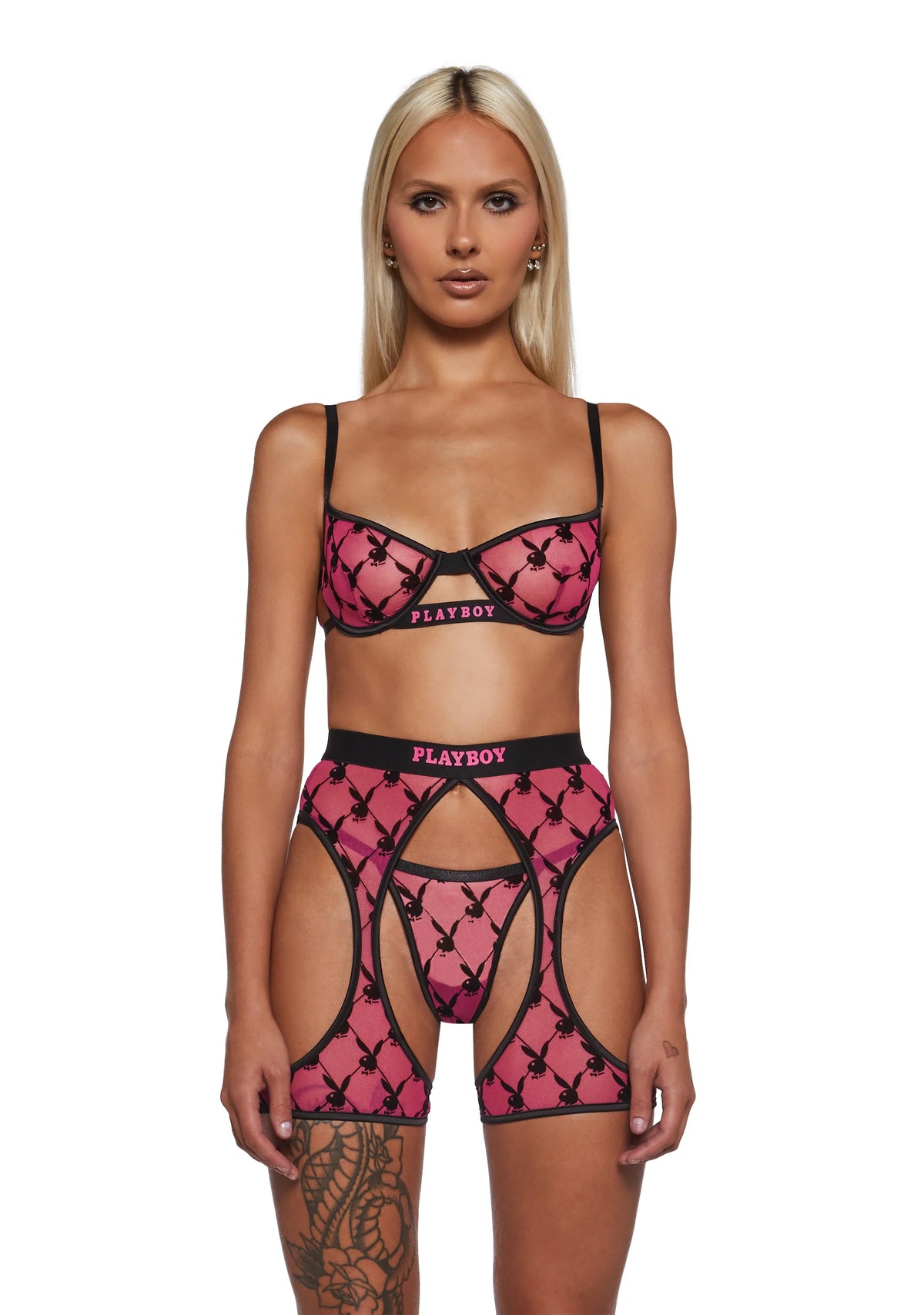 Playboy Flocked Bunny Chaps Set - Pink/Black