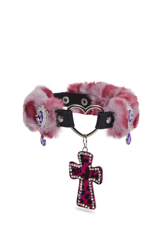 Vampy Wink Fur Cross Necklace - Pink