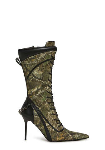 Camo Lace Up Heeled Boots