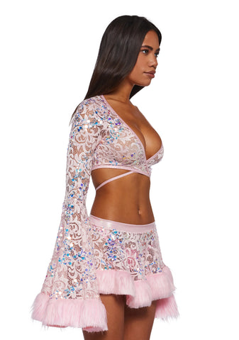 Sequin Faux Fur Trimmed Wrap Top - Pink