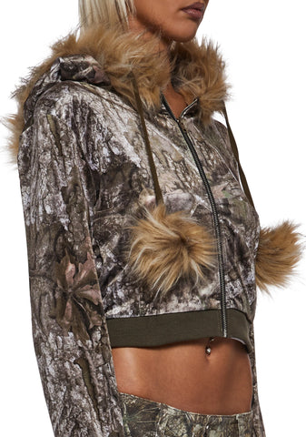 Camo Velour Hoodie With Faux Fur Trim