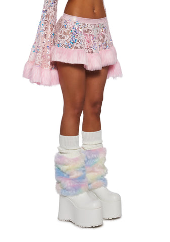 Sequin Faux Fur Trimmed Skirt - Pink