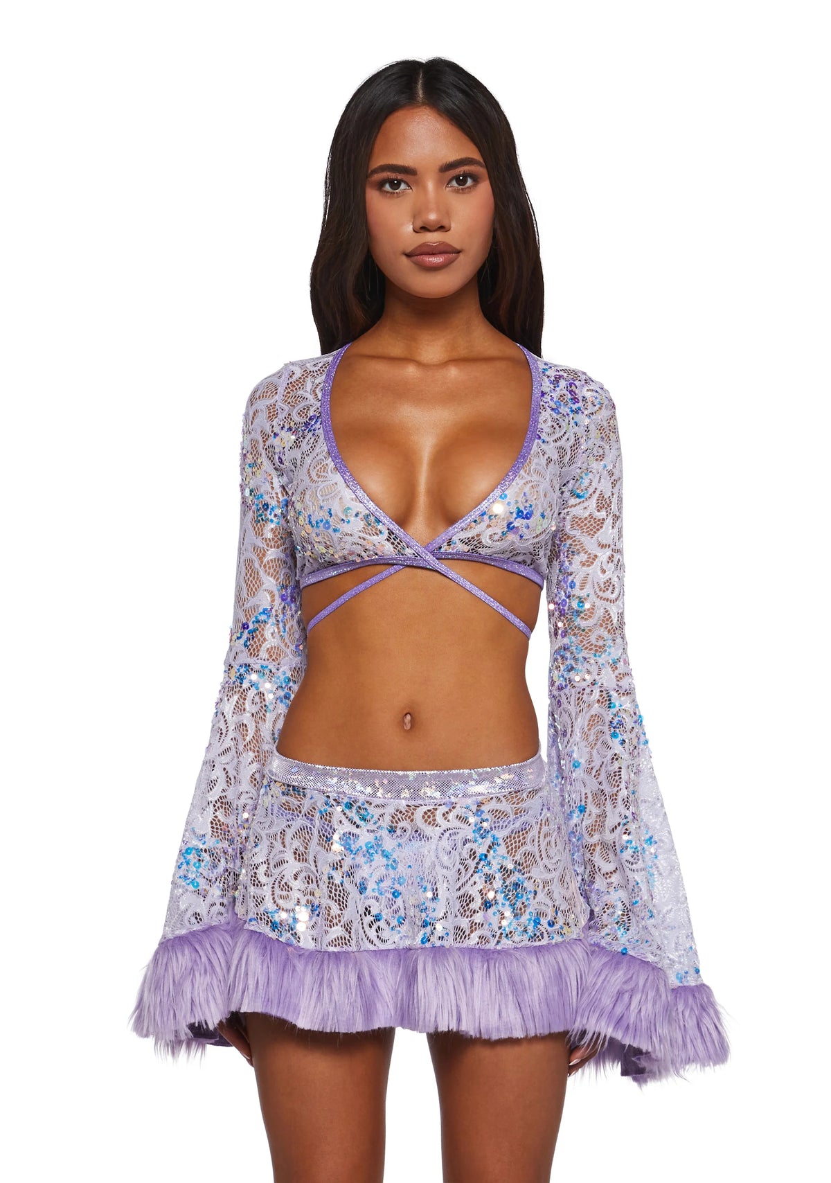 Sequin Faux Fur Trimmed Wrap Top - Lavender