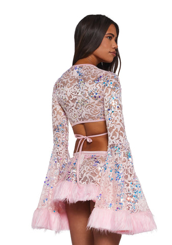Sequin Faux Fur Trimmed Wrap Top - Pink
