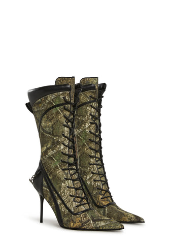 Camo Lace Up Heeled Boots