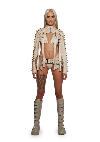 Warp Spiked Jacket With Lace Up Sleeves - Ecru