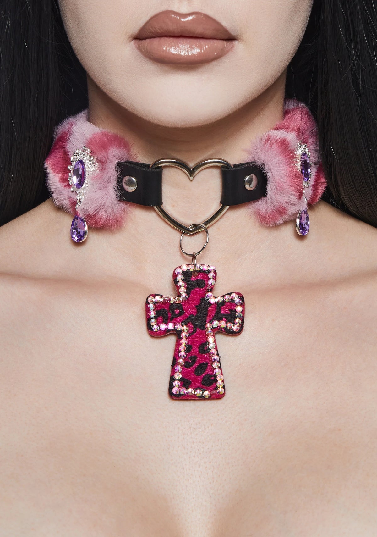 Vampy Wink Fur Cross Necklace - Pink