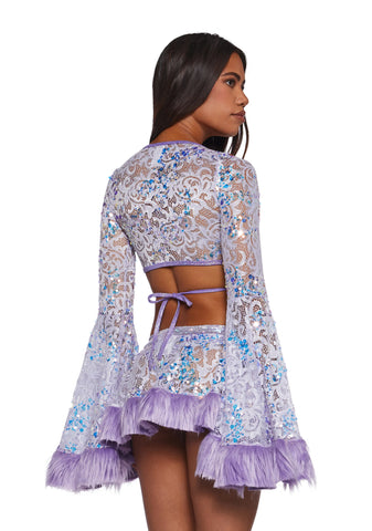 Sequin Faux Fur Trimmed Wrap Top - Lavender