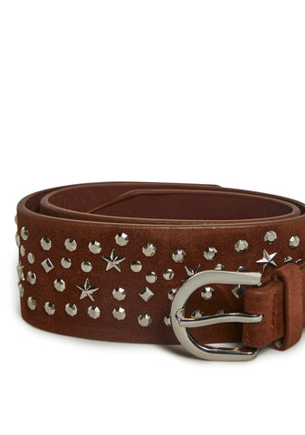 Star Stud Leather Belt - Brown
