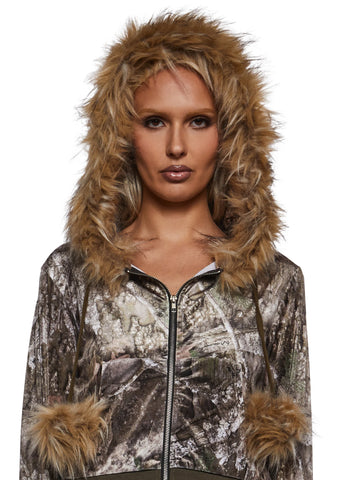 Camo Velour Hoodie With Faux Fur Trim