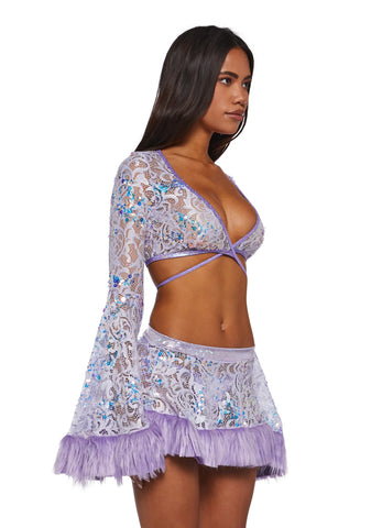 Sequin Faux Fur Trimmed Wrap Top - Lavender