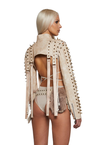 Warp Spiked Jacket With Lace Up Sleeves - Ecru