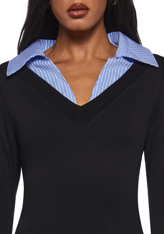Eleanor Collared Long Sleeve Top - Striped