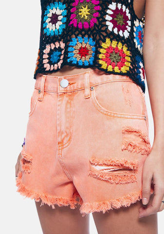 Orange Distressed Denim Shorts