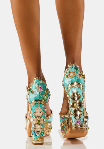 Teal Cici Jeweled Platform Heels