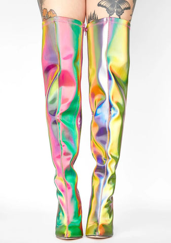 Rainbow Feather Thigh High Boots