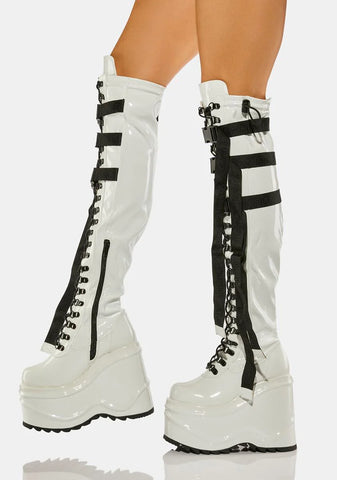 White Patent Wave-315 Thigh High Boots