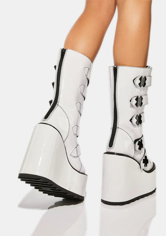 White Patent Dune Strapped Platform Boots