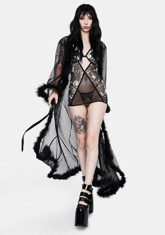 Noir Mistress In Marabou Long Robe