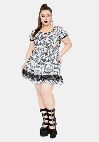 Divine Spirit World Lace Trim Moth Print Dress