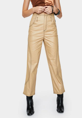 Beige Glossy High Waist Pants