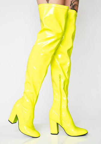 Cyber Yellow Thigh High Boots