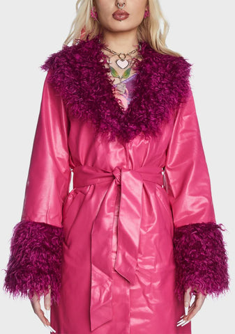 Pink Faux Leather Fur Trim Coat