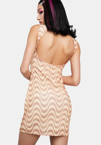 Brown Wave Print Mesh Backless Dress