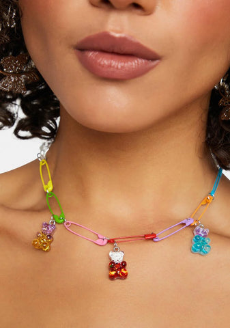 Teddy Friends Safety Pin Necklace