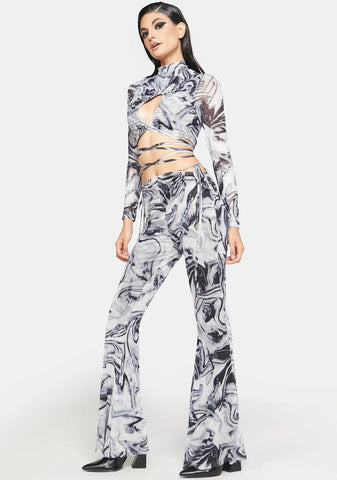 Mesh Swirl Print Cut Out Flare Trousers