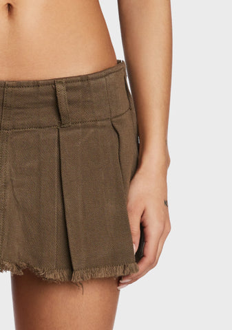 Washed Denim Pleated Micro Skort - Olive