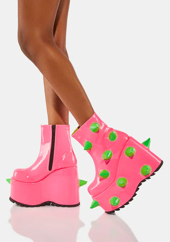 UV Neon Pink Slay-77 Spiked Platform Boots