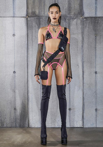 Snare Pink Piping Fishnet 4-Piece Garter Set