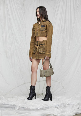 Synth Washed Button Up Crop Shirt