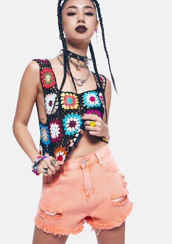 Orange Distressed Denim Shorts