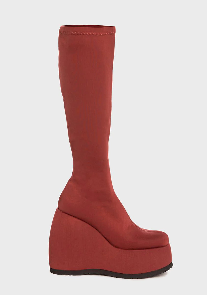 Red Roxy Wedge Knee High Boots