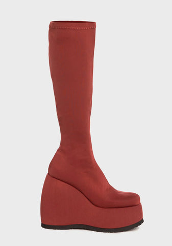 Red Roxy Wedge Knee High Boots