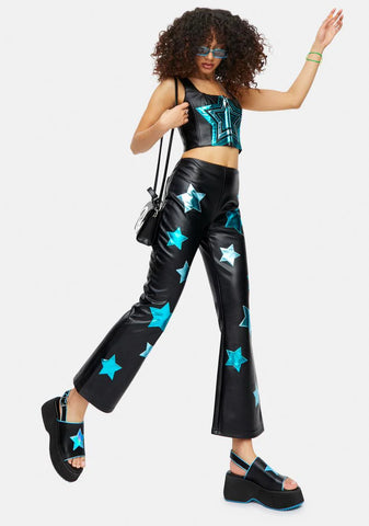Spacey Waves Vegan Leather Star Flare Pants