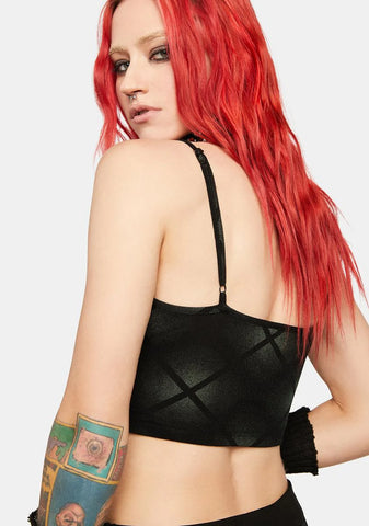 Heart Shape Decorative Buckle Gauze Spliced Plaid Crop Top