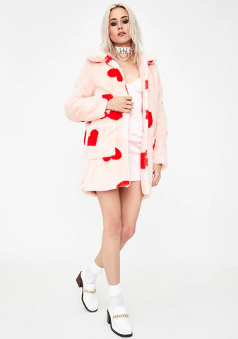 Heart Print Faux Fur Coat