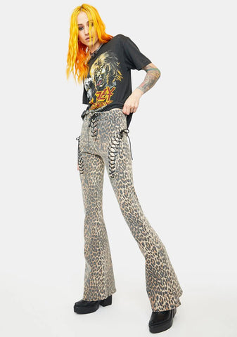 Leopard Lace Up Flared Jeans