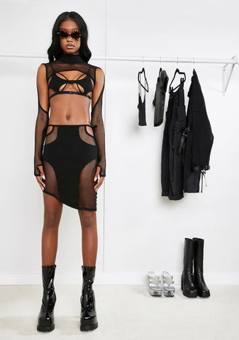 Asymmetrical Fishnet Panel Cut-Out Skirt