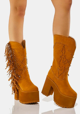 Tan Bad Bitch Fringe Cowboy Boots
