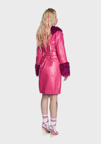 Pink Faux Leather Fur Trim Coat