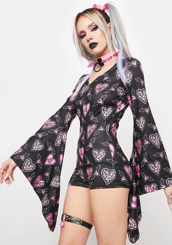 Be Mine Web Hearts Bell Sleeve Pajama Romper