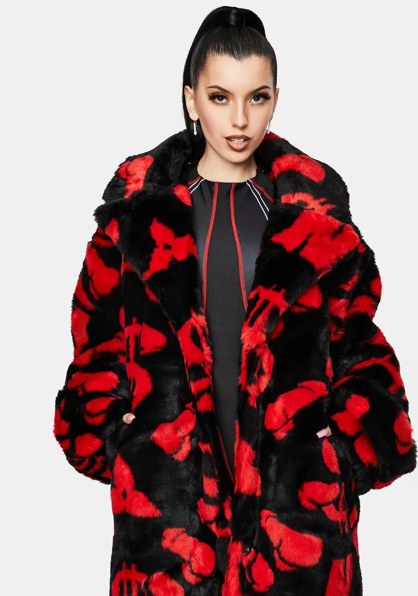 Dick Dollar Monogram Long Faux Fur Coat
